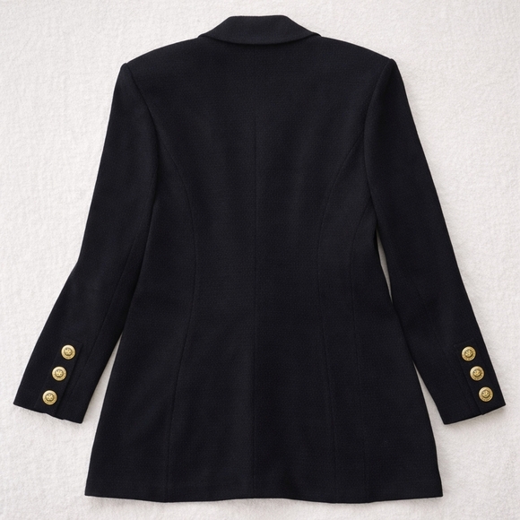 ST. JOHN BASICS Santana Knit Blazer Black Gold Crest Buttons Made In USA Size 12 - Picture 6 of 9